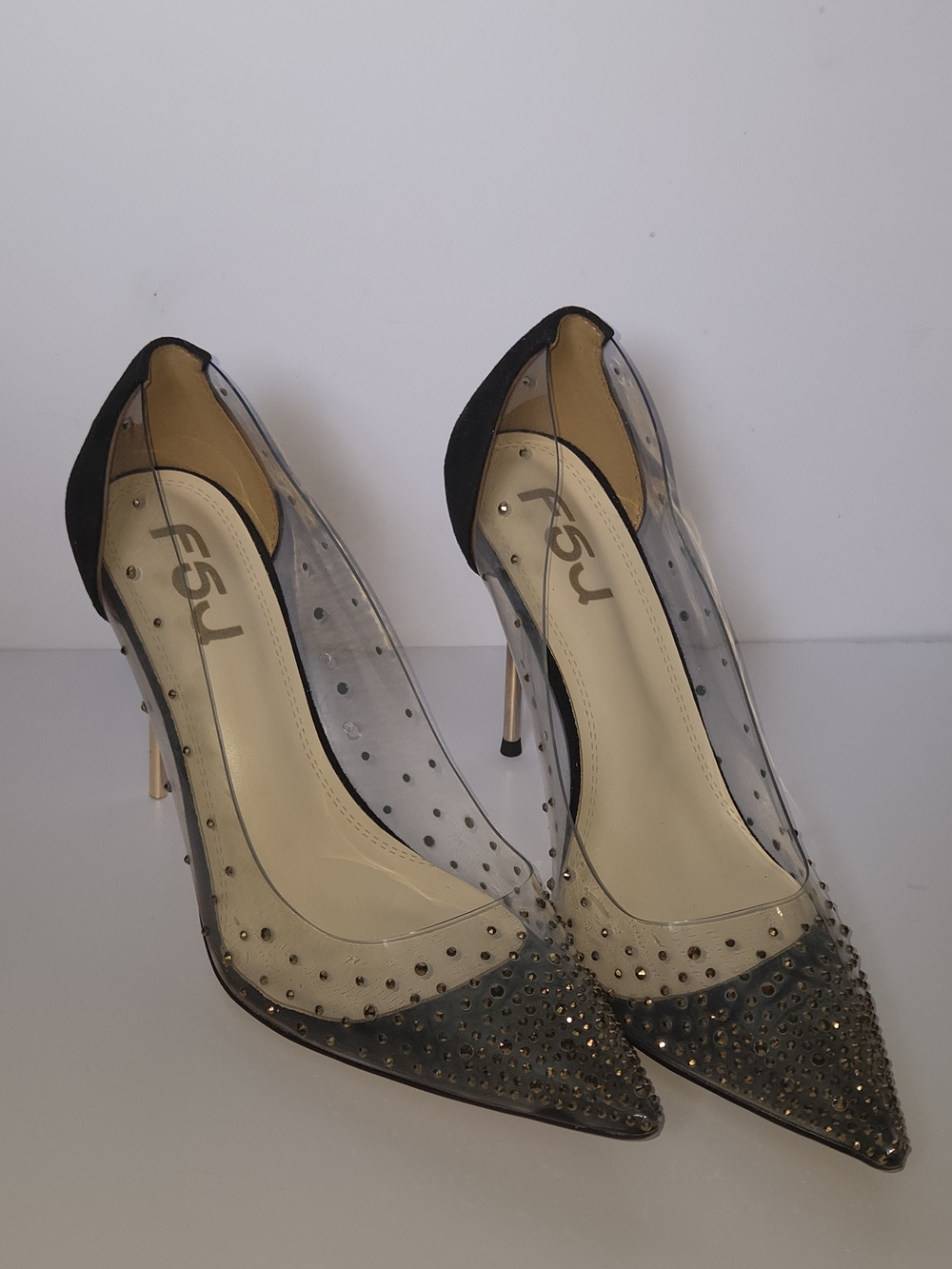 FSJ Clear Rhinestone Pointed Toe Black Stiletto Heels Size 10